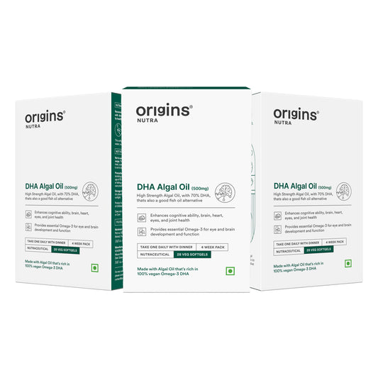 Origins Nutra DHA Algal Oil |Plant-Based High Strength 70% Omega 3 DHA, Plant Based |GMP Certified | Non-GMO |For Men & Women | 28 Softgels |Pack of 3 for 4 Weeks
