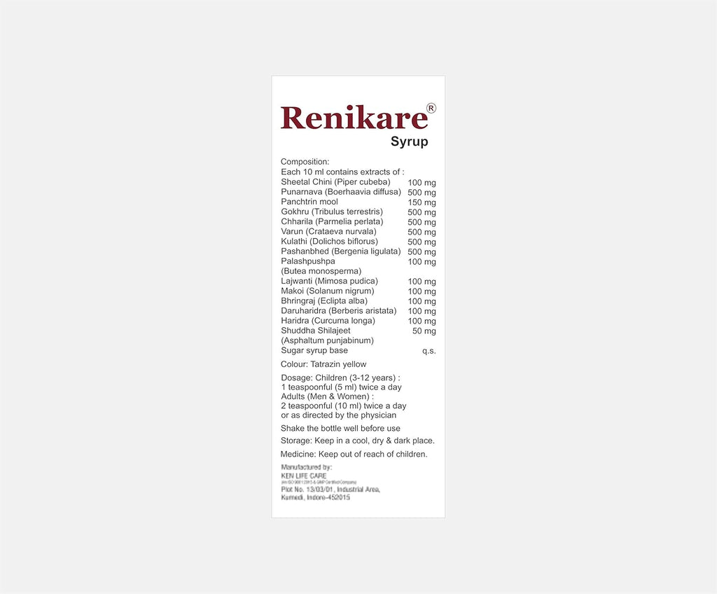 Cratus Renikare Syrup 100% organic Improved Renal Care, Cleanses Kidney And Urinary Bladder, 200ml pack of 4
