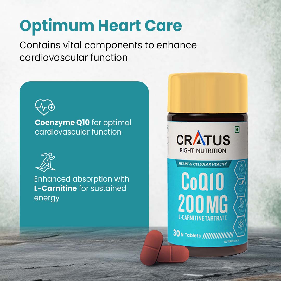 Cratus Right Nutrition COQ10 Tablets for Heart Health and Cellular Energy Support Formulated with L-Carnitine L Tartrate, Zinc and Lycopene | Boosts Vitality and Reduces Fatigue | 60 Tablets