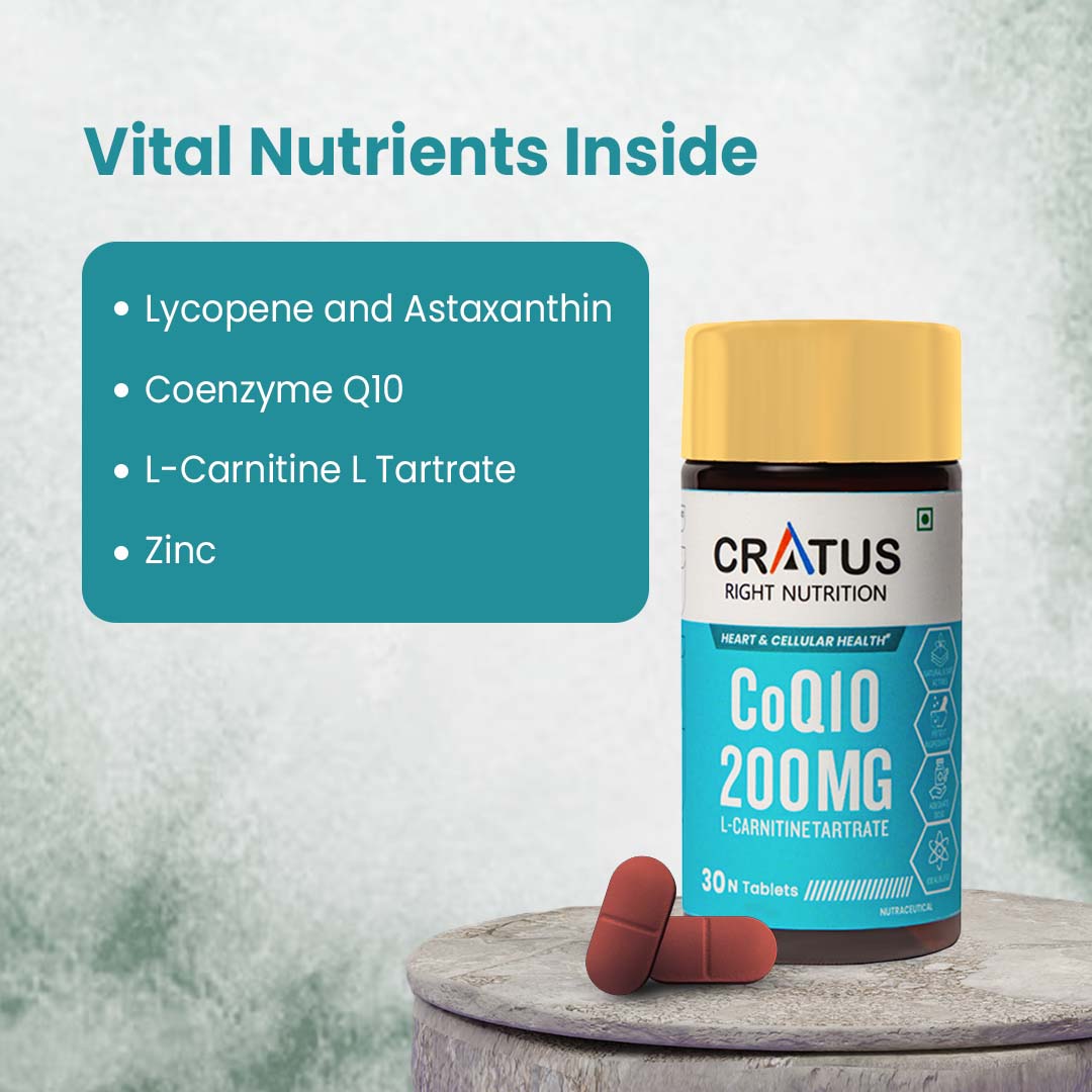 Cratus Right Nutrition COQ10 Tablets for Heart Health and Cellular Energy Support Formulated with L-Carnitine L Tartrate, Zinc and Lycopene | Boosts Vitality and Reduces Fatigue | 60 Tablets