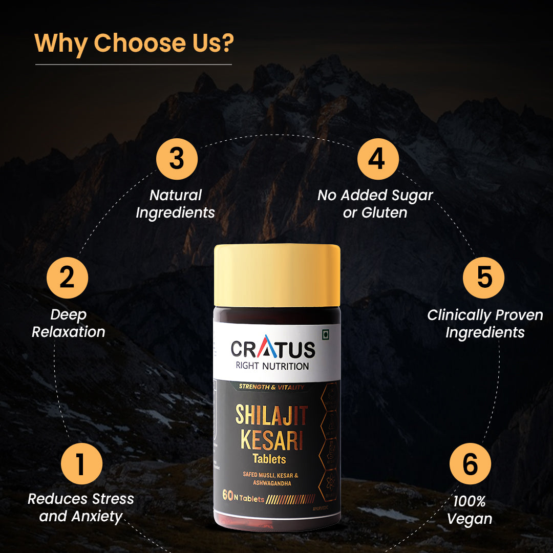 Cratus Right Nutrition- Shilajit Contains Ashwagandha & Safed Musli | Boosts Energy & Overall Wellness for Men & Women | 60 Tablets