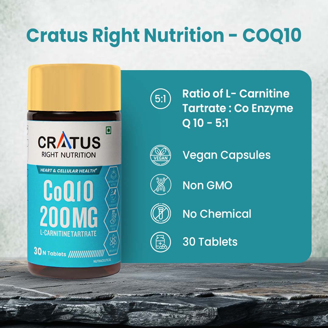 Cratus Right Nutrition COQ10 Tablets for Heart Health and Cellular Energy Support Formulated with L-Carnitine L Tartrate, Zinc and Lycopene | Boosts Vitality and Reduces Fatigue | 120 Tablets