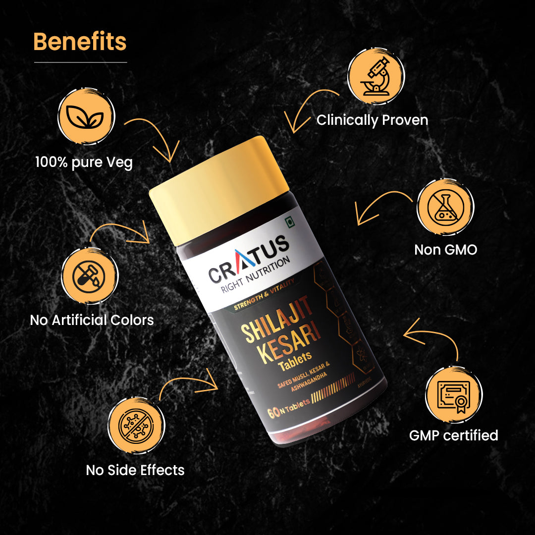 Cratus Right Nutrition- Shilajit Contains Ashwagandha & Safed Musli | Boosts Energy & Overall Wellness for Men & Women | 120 Tablets