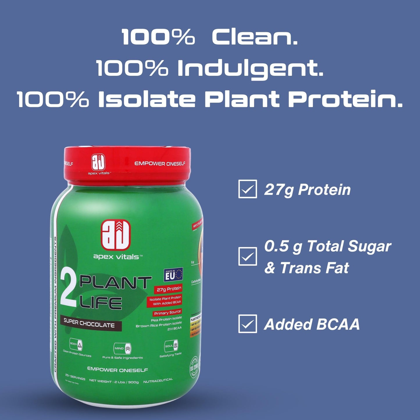 Apex Vitals 2 Plant Life| Plant Protein Powder for Men & Women| Organic Pea & Brown Rice Isolate| 27g protein + 2000mg BCCA| Made in EU| FDA, EFSA & FSSAI Approved| Super Chocolate- 2 lbs.