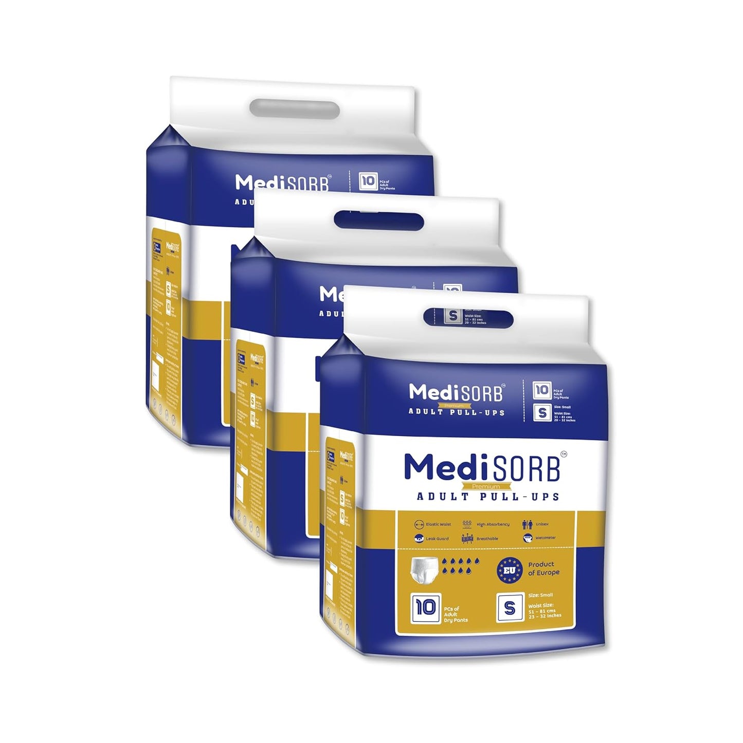 MediSORB Adult Diaper Pants | Small (S) |Waist 51-81 cm (23-32 inches) |High Absorbency -15 Hrs |Rash-Free |Leakproof |Breathable |Odourless |Elastic Waist |For Men & Women | 30 Units, Pack of 3