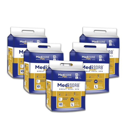 MediSORB Adult Diaper Pants | Large (L) |Waist 101-512 cm (40-60 inches) |High Absorbency -15 Hrs |Rash-Free |Leakproof |Breathable |Odourless |Elastic Waist |For Men & Women | 50 Units, Pack of 5