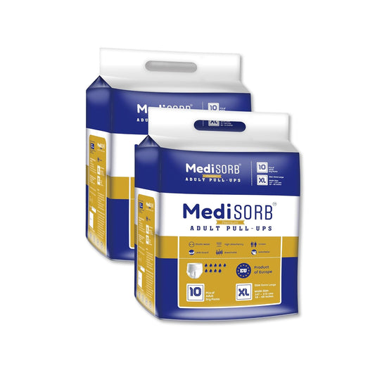MediSORB Adult Diaper Pants | ExtraLarge (XL) |Waist 147-172 cm (58-68 inches) |High Absorbency 15 Hrs |Rash-Free |Leakproof |Breathable |Odourless |Elastic Waist |Men & Women | 20 Units, Pack of 2