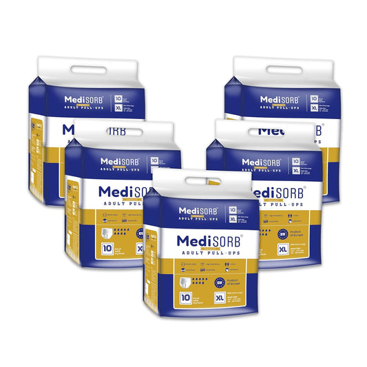 MediSORB Adult Diaper Pants | ExtraLarge (XL) |Waist 147-172 cm (58-68 inches) |High Absorbency 15 Hrs |Rash-Free |Leakproof |Breathable |Odourless |Elastic Waist |Men & Women | 50 Units, Pack of 5