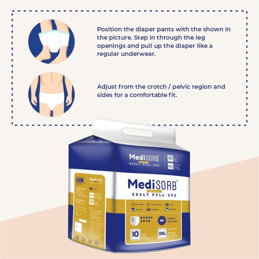 MediSORB Adult Diaper Pants | Double XL (2XL) |Waist 152-205 cm (60-80 inches) |High Absorbency -15 Hrs |Rash-Free |Leakproof |Breathable |Odourless |Elastic Waist |Men & Women | 100 Units, Pack of 10