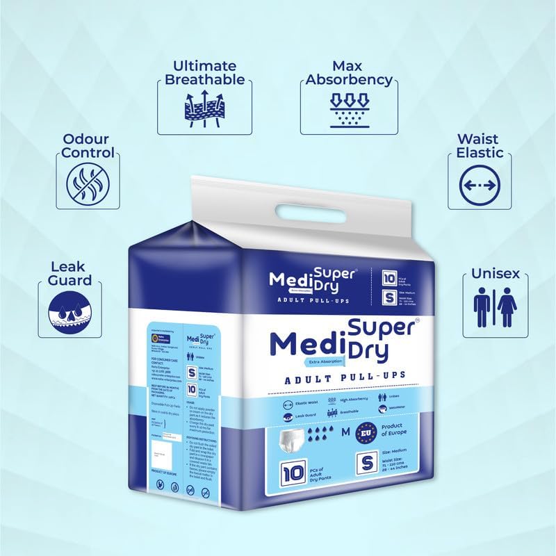 Medisuperdry Adult Diaper Pants | Small (S) |Waist 51-81 cm (20-32 inches) |High Absorbency -10 Hrs |Rash-Free |Leakproof |Breathable |Odourless |Elastic Waist |For Men & Women | 30 Units, Pack of 3