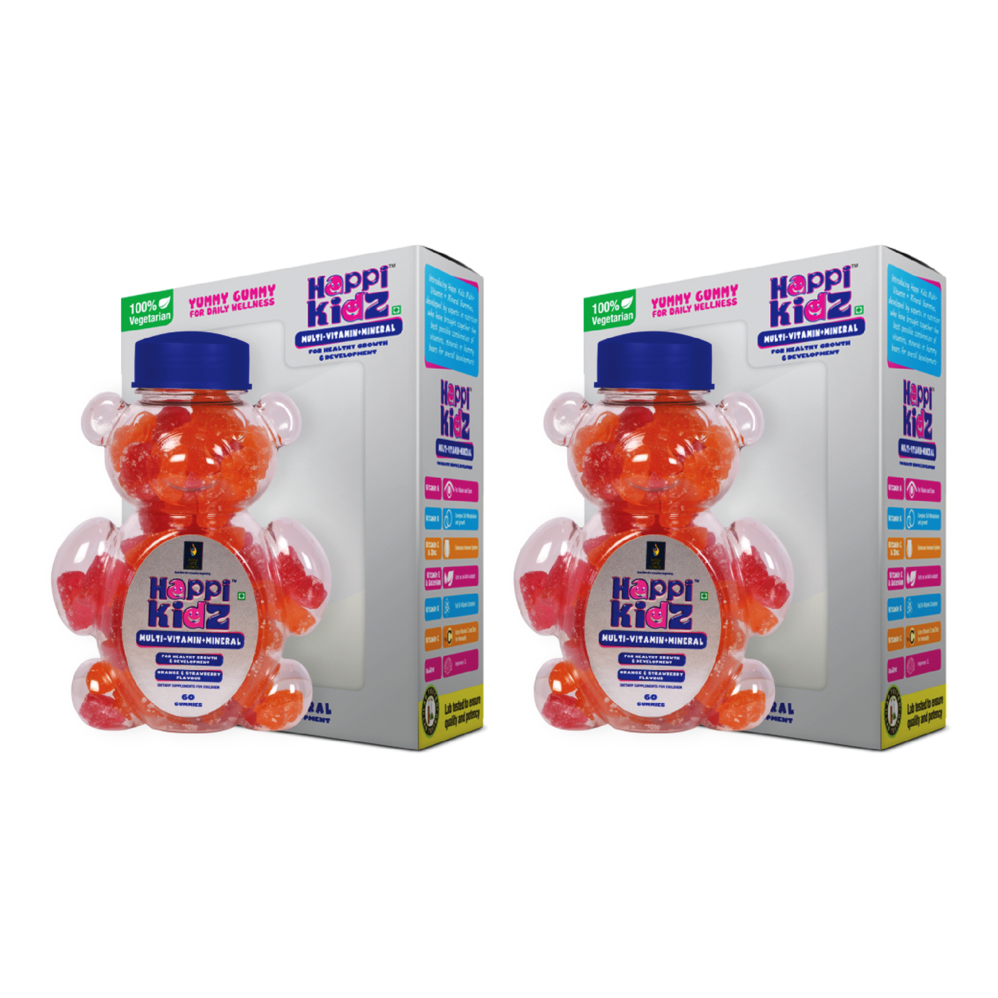 Happi Kidz Multivitamin Gummies For Kids - (60 Count Gummy Bears) - with 16 essential vitamins and minerals - Supports Growth and Immunity -Orange & Strawberry - Children above 2 years (Pack of 2)