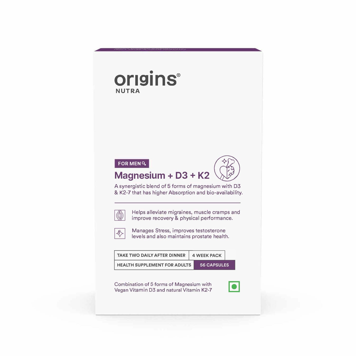 Origins Nutra Magnesium Supplement for Men | 5 Magnesium Salts, Vitamin K2-7, and Vitashine D3 for Muscle Health and Migraine Relief | GMP Certified, 56 Veg Capsules (Pack of 1)