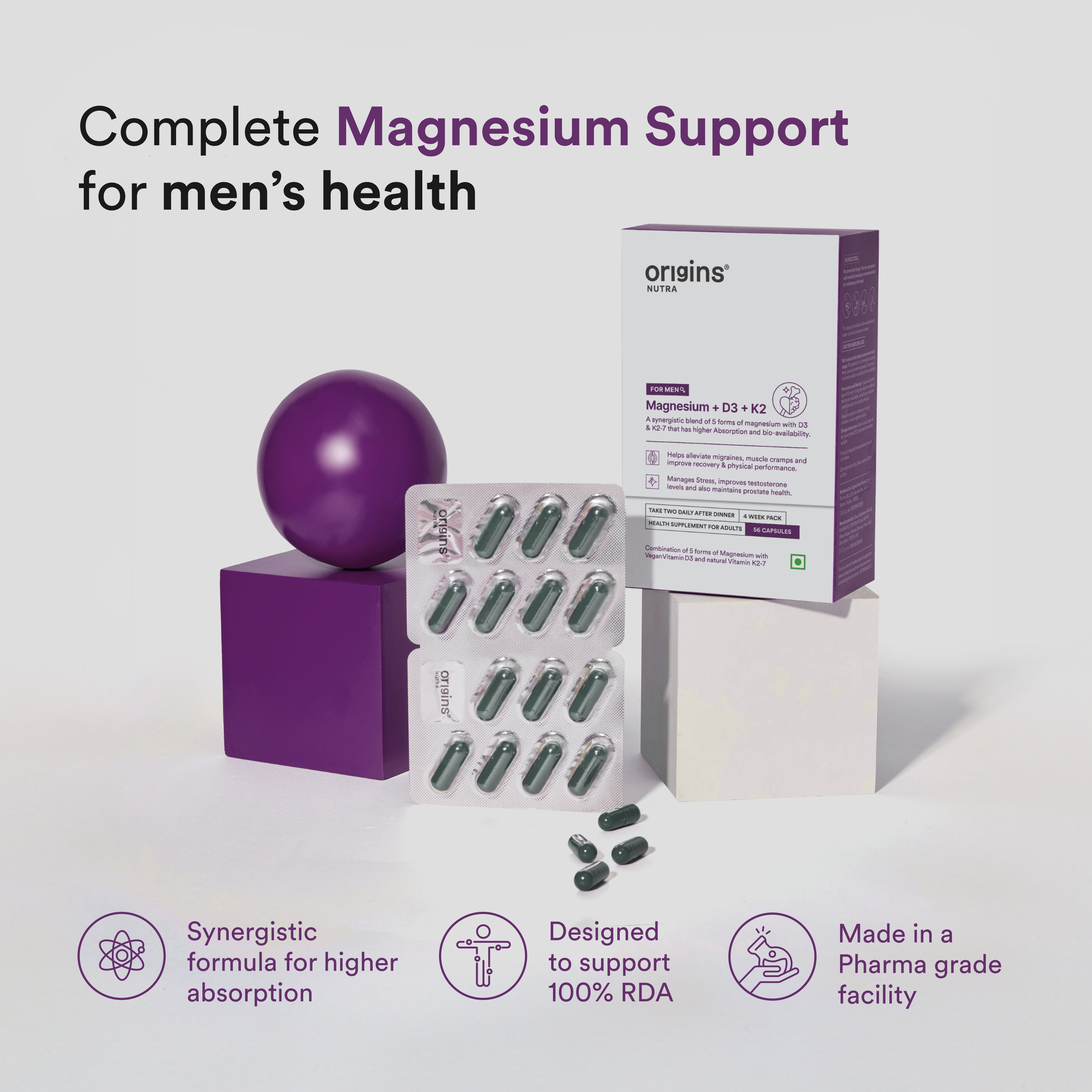 Origins Nutra Magnesium Supplement for Men | 5 Magnesium Salts, Vitamin K2-7, and Vitashine D3 for Muscle Health and Migraine Relief | GMP Certified, 56 Veg Capsules (Pack of 1)