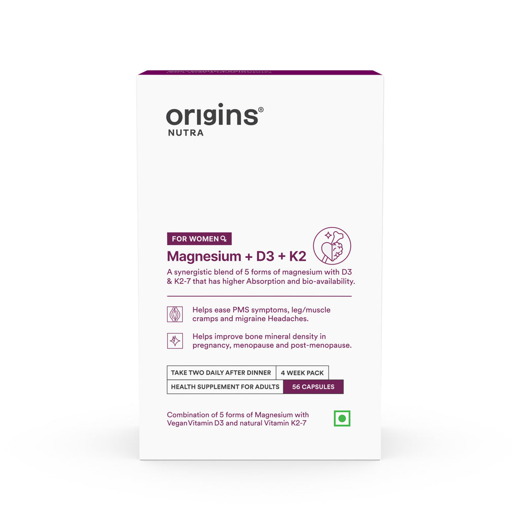 Origins Nutra Magnesium + D3 + K2-7 for Women | Supports Bone Health, Hormonal Balance, and Migraine Relief | Eases Leg Cramps | Five Magnesium Salts, Noval Vitamin K2-7, Vitashine D3 | GMP Certified | 56 Veg Capsules (Pack of 1)