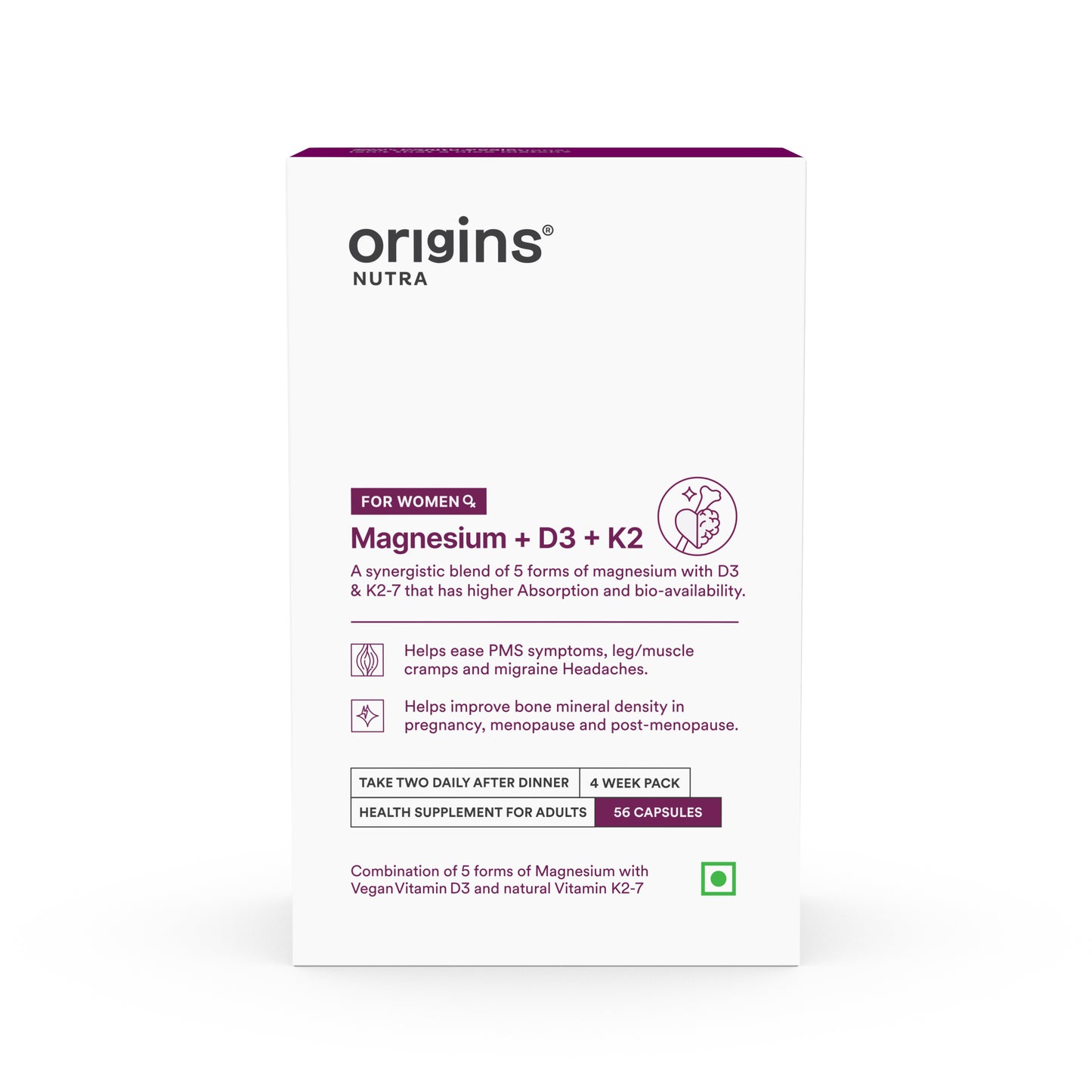 Origins Nutra Magnesium + D3 + K2-7 for Women | Supports Bone Health, Hormonal Balance, and Migraine Relief | Eases Leg Cramps | Five Magnesium Salts, Noval Vitamin K2-7, Vitashine D3 | GMP Certified | 56 Veg Capsules (Pack of 1)