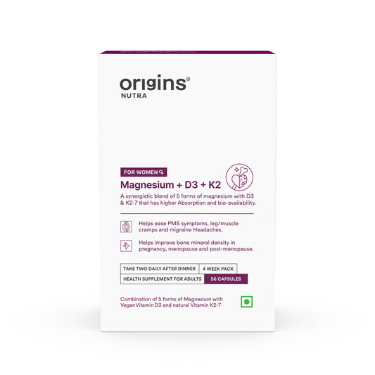 Origins Nutra Magnesium + D3 + K2-7 for Women | Supports Bone Health, Hormonal Balance, and Migraine Relief | Eases Leg Cramps | Five Magnesium Salts, Noval Vitamin K2-7, Vitashine D3 | GMP Certified | 56 Veg Capsules (Pack of 1)