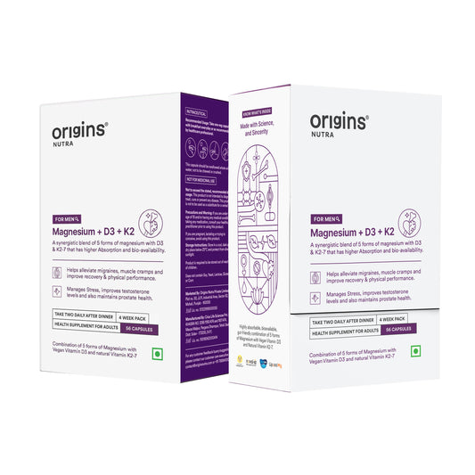 Origins Nutra Magnesium Supplement for Men | 5 Magnesium Salts, Vitamin K2-7, and Vitashine D3 for Muscle Health and Migraine Relief | GMP Certified, 56 Veg Capsules (Pack of 2)