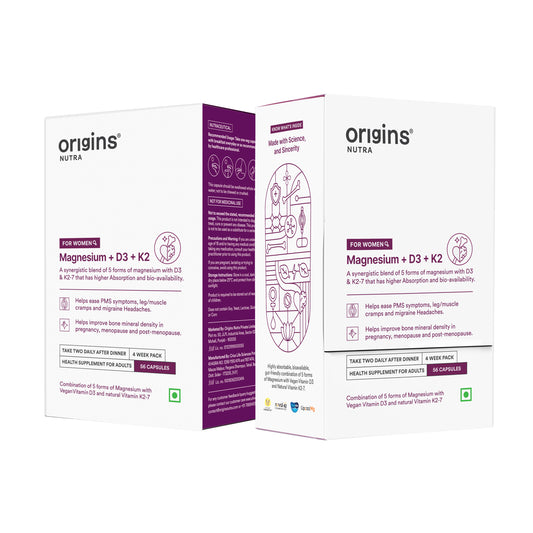 Origins Nutra Magnesium + D3 + K2-7 for Women | Supports Bone Health, Hormonal Balance, and Migraine Relief | Eases Leg Cramps | Five Magnesium Salts, Noval Vitamin K2-7, Vitashine D3 | GMP Certified | 56 Veg Capsules (Pack of 2)