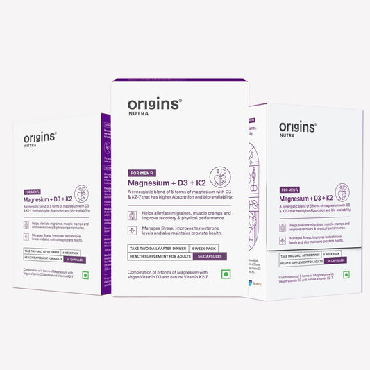 Origins Nutra Magnesium Supplement for Men | 5 Magnesium Salts, Vitamin K2-7, and Vitashine D3 for Muscle Health and Migraine Relief | GMP Certified, 56 Veg Capsules (Pack of 3)
