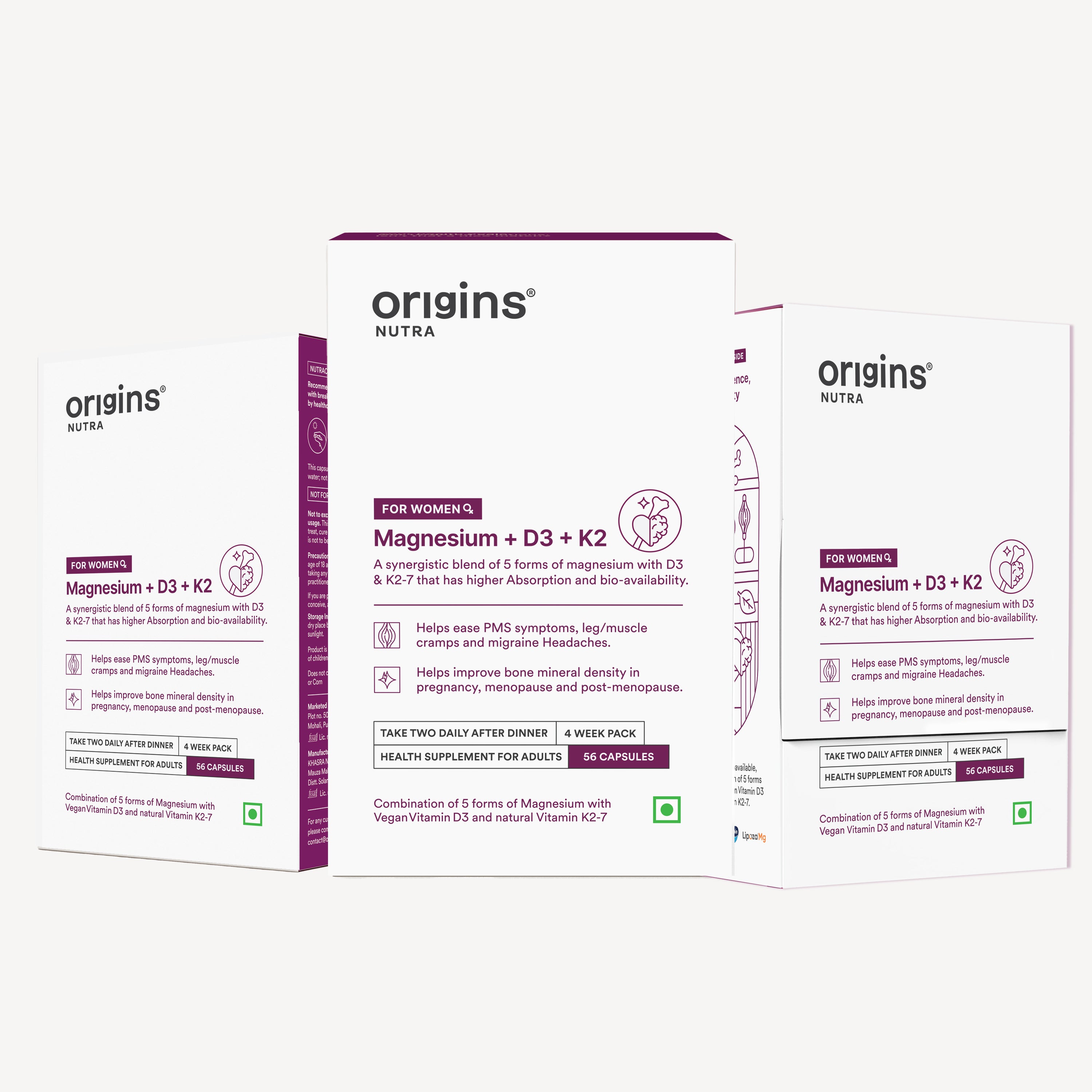 Origins Nutra Magnesium + D3 + K2-7 for Women | Supports Bone Health, Hormonal Balance, and Migraine Relief | Eases Leg Cramps | Five Magnesium Salts, Noval Vitamin K2-7, Vitashine D3 | GMP Certified | 56 Veg Capsules (Pack of 3)
