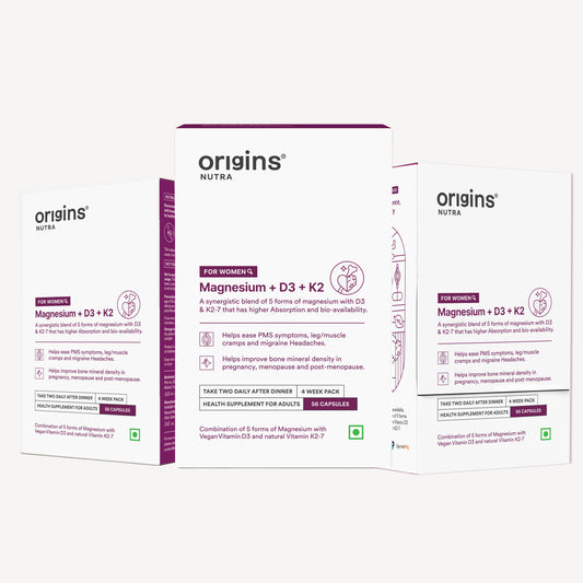 Origins Nutra Magnesium + D3 + K2-7 for Women | Supports Bone Health, Hormonal Balance, and Migraine Relief | Eases Leg Cramps | Five Magnesium Salts, Noval Vitamin K2-7, Vitashine D3 | GMP Certified | 56 Veg Capsules (Pack of 3)