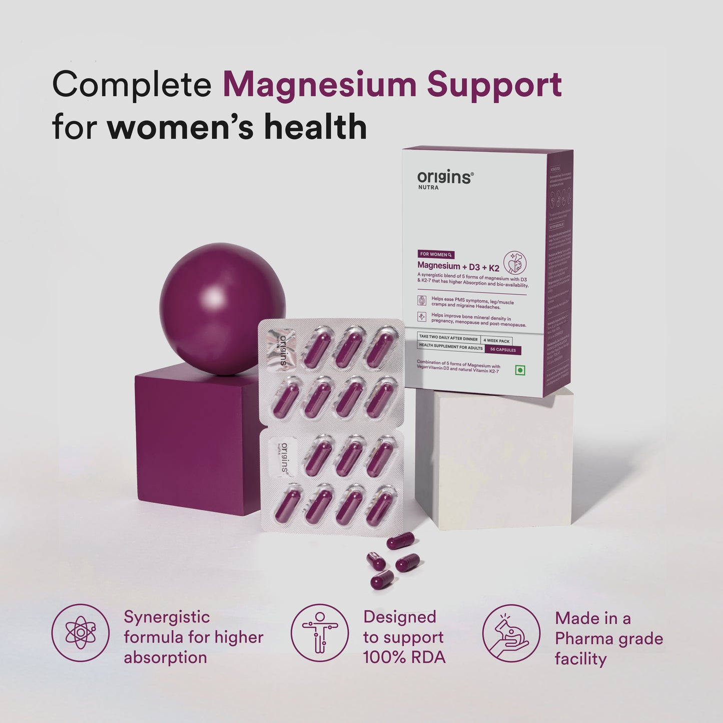 Origins Nutra Magnesium + D3 + K2-7 for Women | Supports Bone Health, Hormonal Balance, and Migraine Relief | Eases Leg Cramps | Five Magnesium Salts, Noval Vitamin K2-7, Vitashine D3 | GMP Certified | 56 Veg Capsules (Pack of 3)