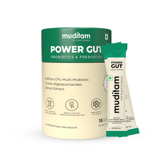 Muditam Ayurveda Power Gut - Prebiotics & Probiotics Supplement | Constipation, Bloating, Gas & Acidity Relief | Clinically Proven Strain | 15 Sachet
