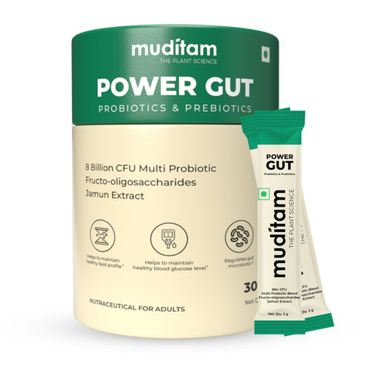 Muditam Ayurveda Power Gut - Prebiotics & Probiotics Supplement | Constipation, Bloating, Gas & Acidity Relief | Clinically Proven Strain | 30 Sachet
