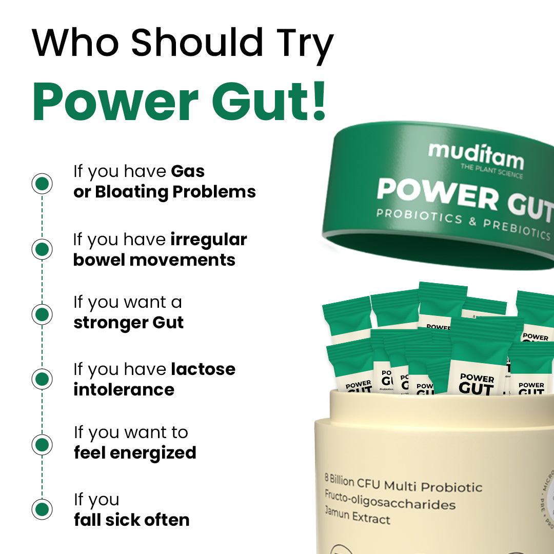 Muditam Ayurveda Power Gut - Prebiotics & Probiotics Supplement | Constipation, Bloating, Gas & Acidity Relief | Clinically Proven Strain | 30 Sachet