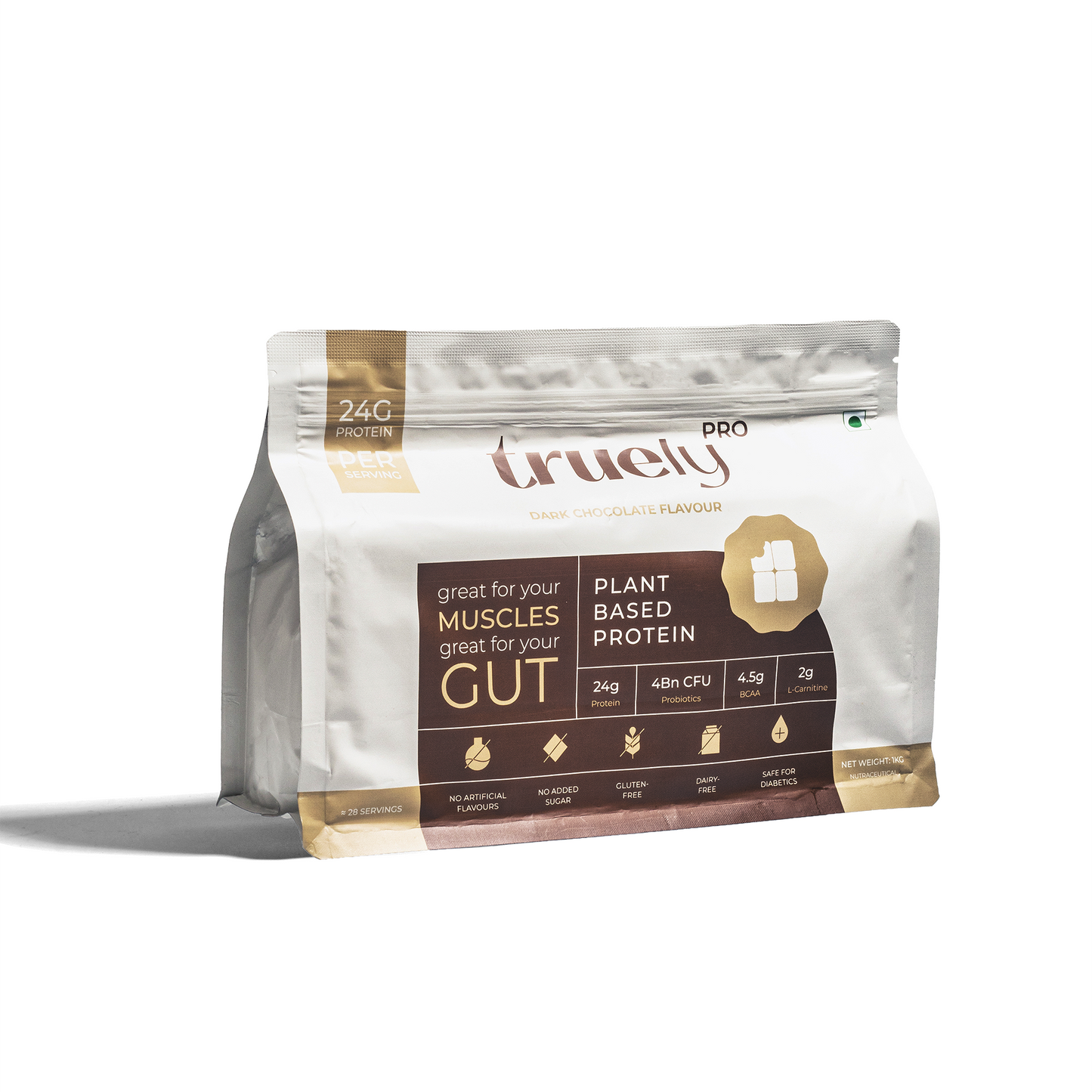 Truely Pro - Vegan Plant Protein | 24g Protein/Serving | 4 Bn CFU Probiotics | 3 Protein Sources - Pea, Brown Rice & Moong Bean | No Artificial Flavours | THIRD-PARTY TESTED | Dark Chocolate | 500GM