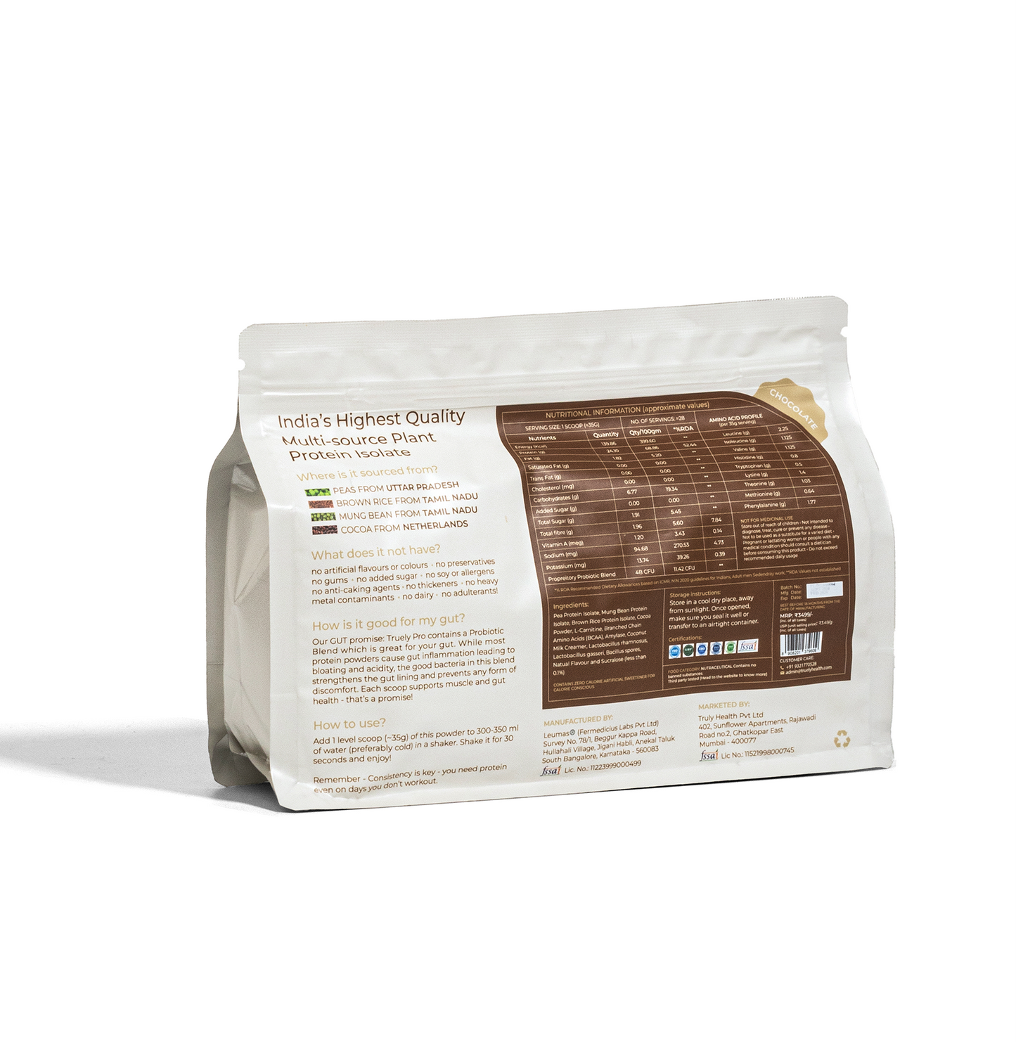 Truely Pro - Vegan Plant Protein | 24g Protein/Serving | 4 Bn CFU Probiotics | 3 Protein Sources - Pea, Brown Rice & Moong Bean | No Artificial Flavours | THIRD-PARTY TESTED | Dark Chocolate | 500GM