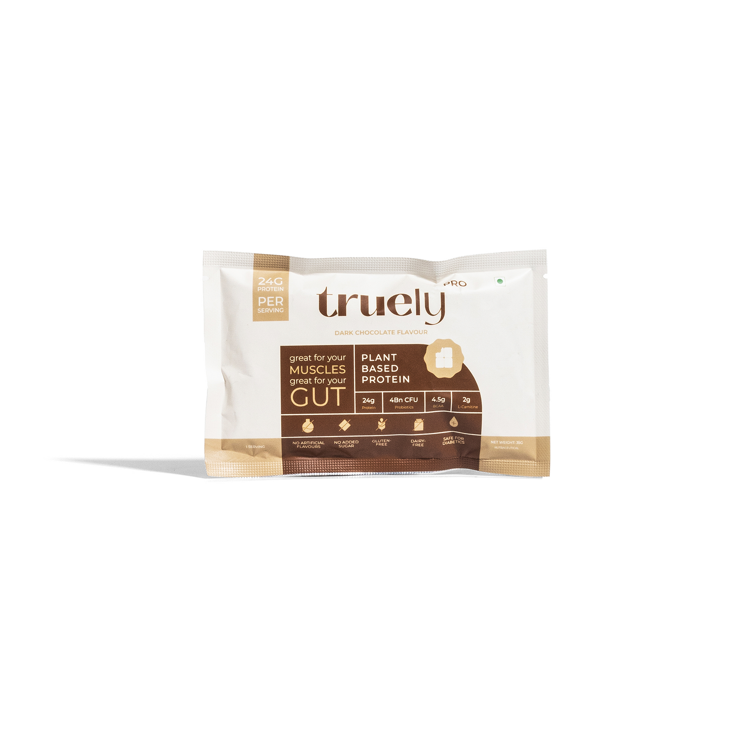 Truely Pro - Vegan Plant Protein | 24g Protein/Serving | 4 Bn CFU Probiotics | 3 Protein Sources - Pea, Brown Rice & Moong Bean | No Artificial Flavours | THIRD-PARTY TESTED | Dark Chocolate | 500GM
