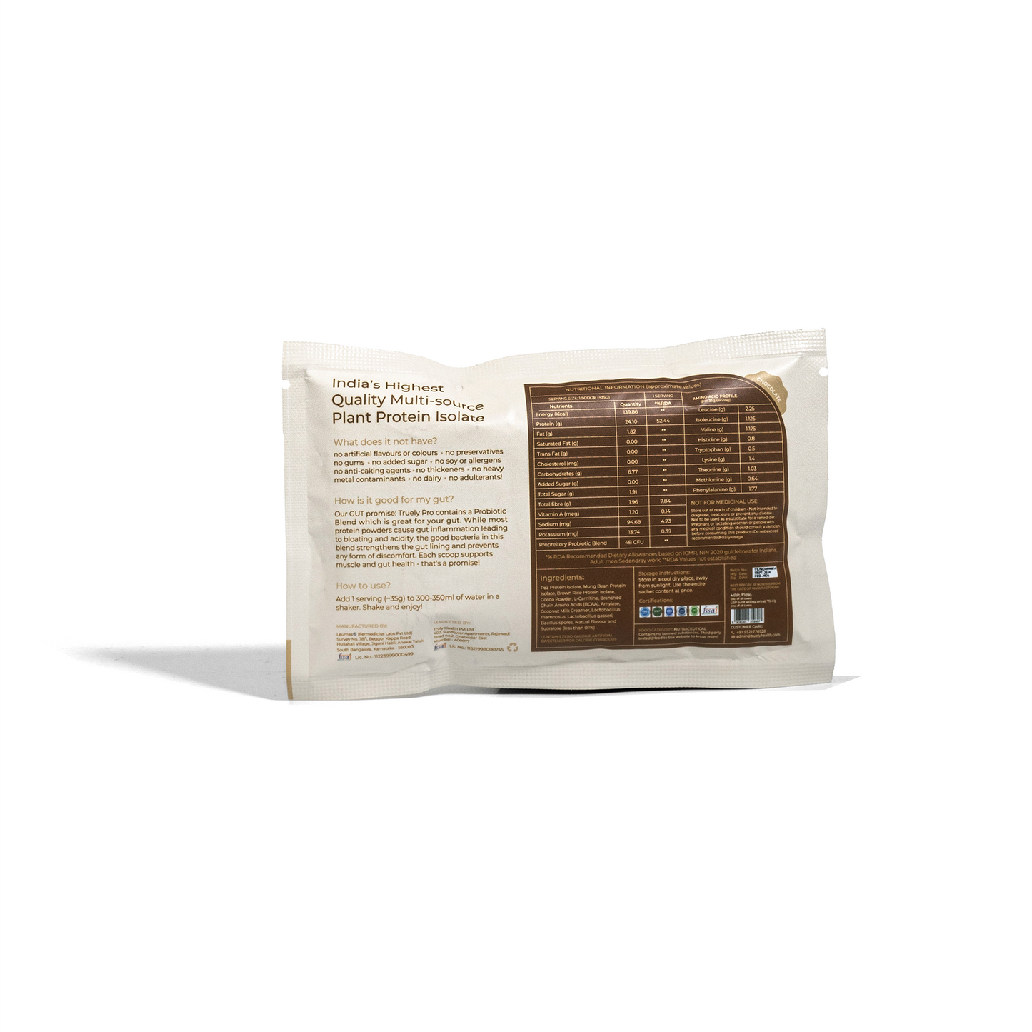 Truely Pro - Vegan Plant Protein | 24g Protein/Serving | 4 Bn CFU Probiotics | 3 Protein Sources - Pea, Brown Rice & Moong Bean | No Artificial Flavours | THIRD-PARTY TESTED | Dark Chocolate | 500GM