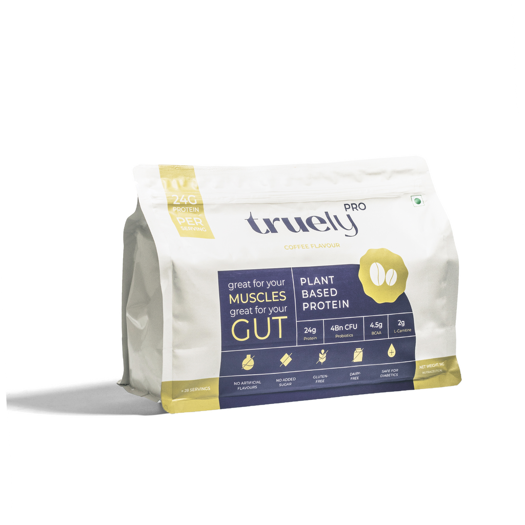 Truely Pro - Vegan Plant Protein | 24g Protein/Serving | 4 Bn CFU Probiotics | 3 Protein Sources - Pea, Brown Rice & Moong Bean | No Artificial Flavours | THIRD-PARTY TESTED | Coffee | 500GM