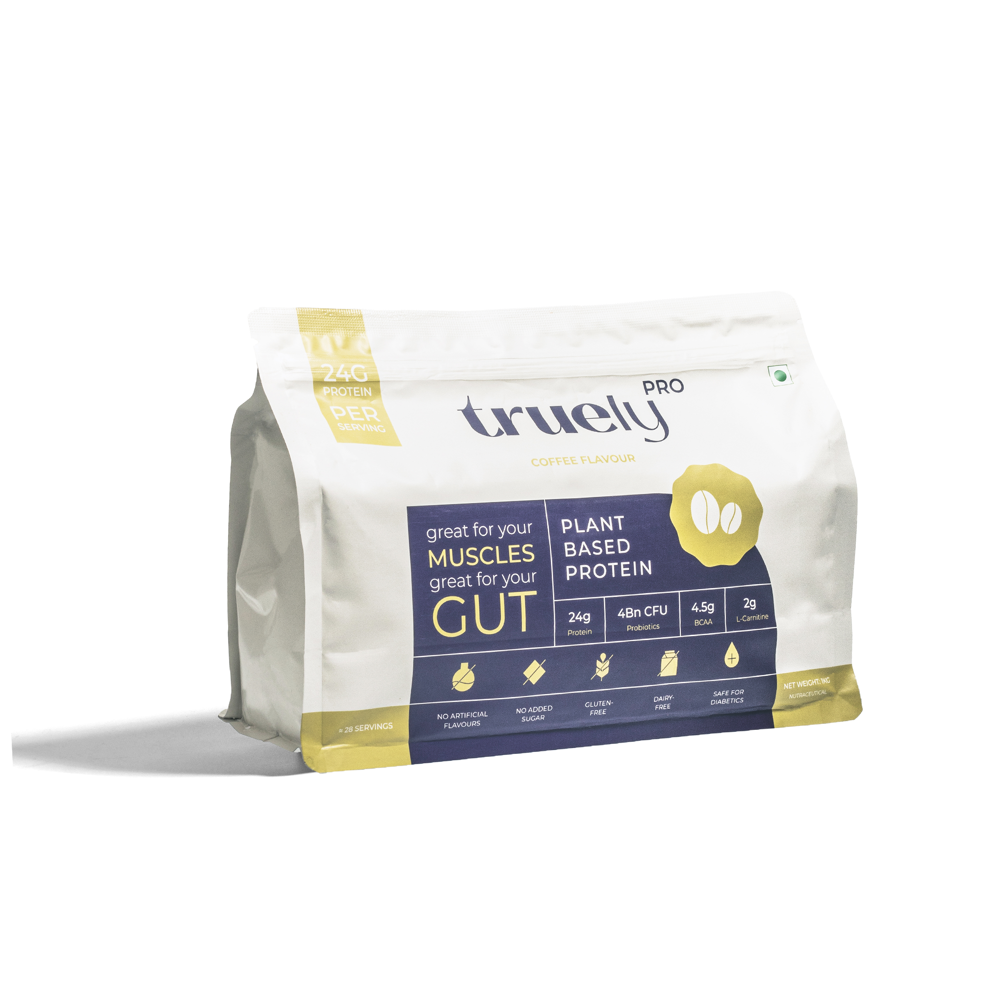 Truely Pro - Vegan Plant Protein | 24g Protein/Serving | 4 Bn CFU Probiotics | 3 Protein Sources - Pea, Brown Rice & Moong Bean | No Artificial Flavours | THIRD-PARTY TESTED | Coffee | 500GM