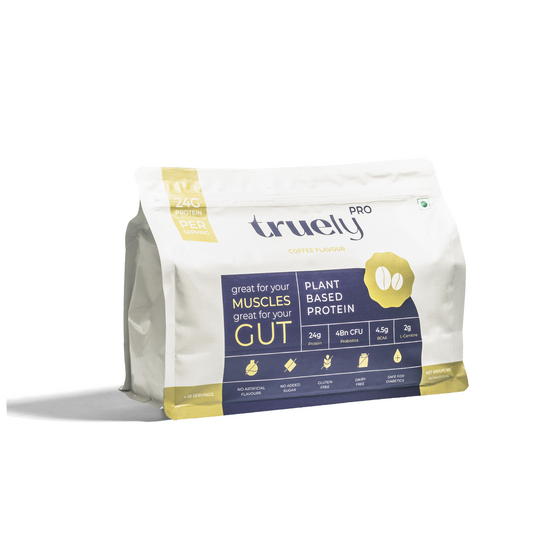 Truely Pro - Vegan Plant Protein | 24g Protein/Serving | 4 Bn CFU Probiotics | 3 Protein Sources - Pea, Brown Rice & Moong Bean | No Artificial Flavours | THIRD-PARTY TESTED | Coffee | 500GM
