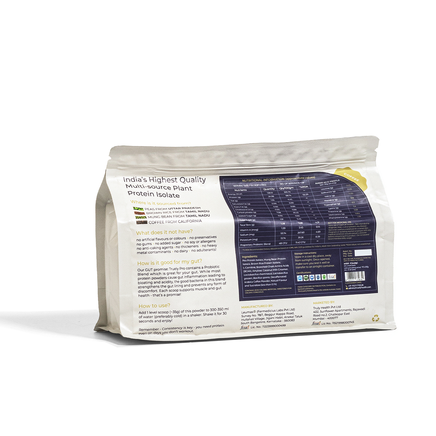 Truely Pro - Vegan Plant Protein | 24g Protein/Serving | 4 Bn CFU Probiotics | 3 Protein Sources - Pea, Brown Rice & Moong Bean | No Artificial Flavours | THIRD-PARTY TESTED | Coffee | 500GM