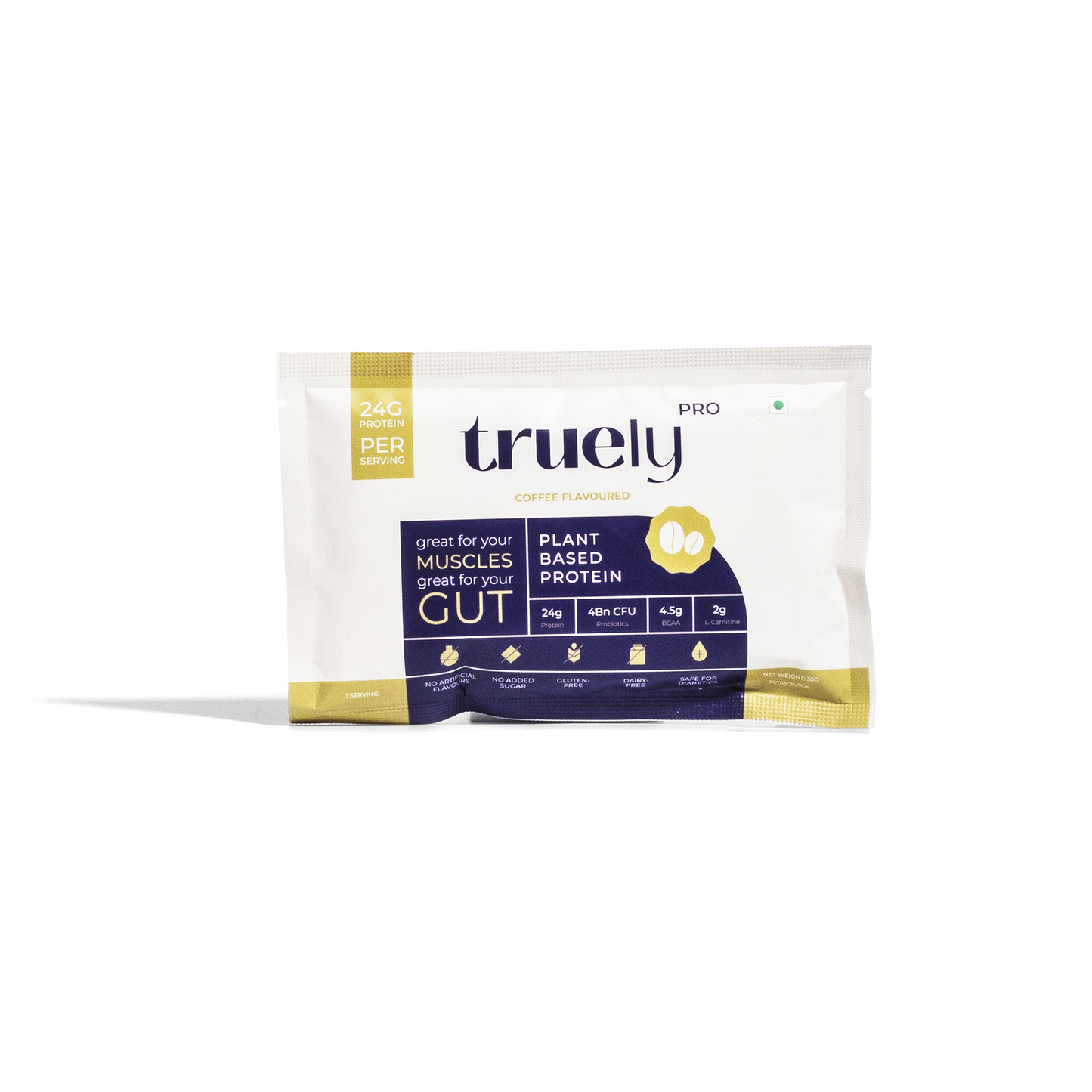 Truely Pro - Vegan Plant Protein | 24g Protein/Serving | 4 Bn CFU Probiotics | 3 Protein Sources - Pea, Brown Rice & Moong Bean | No Artificial Flavours | THIRD-PARTY TESTED | Coffee | 500GM