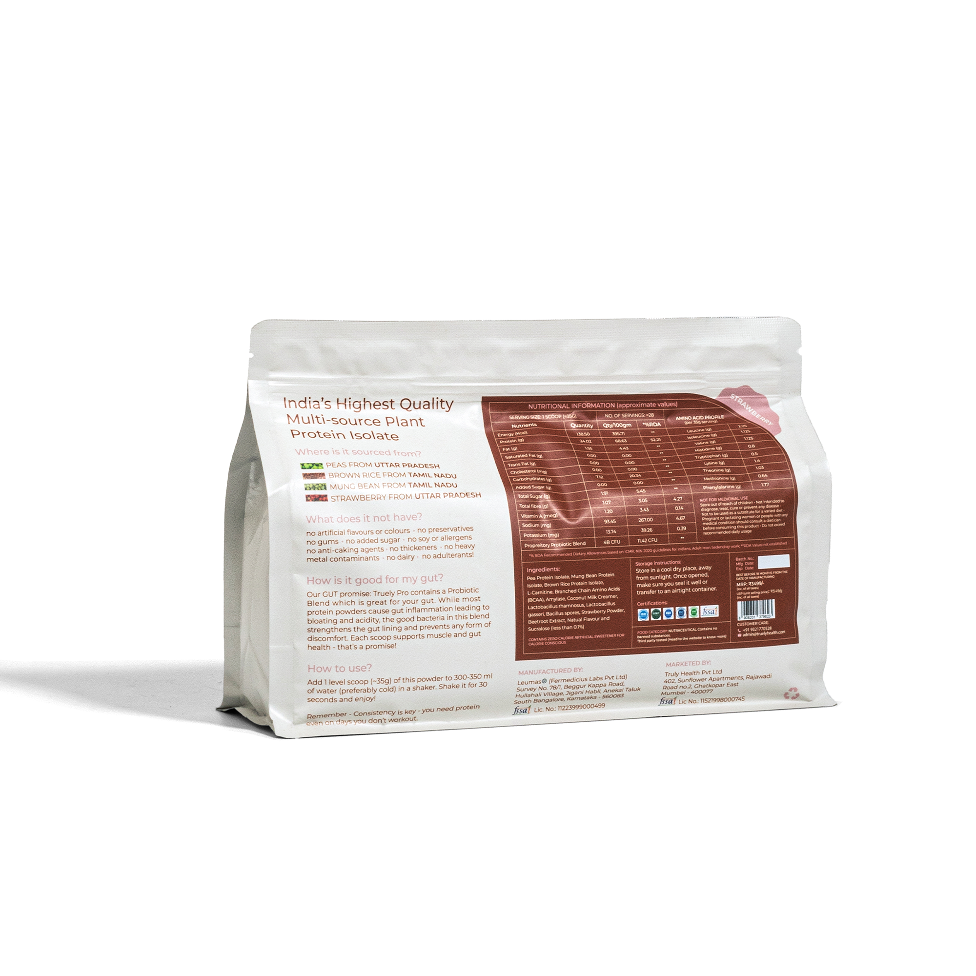 Truely Pro - Vegan Plant Protein | 24g Protein/Serving | 4 Bn CFU Probiotics | 3 Protein Sources - Pea, Brown Rice & Moong Bean | No Artificial Flavours | THIRD-PARTY TESTED | Strawberry | 500GM