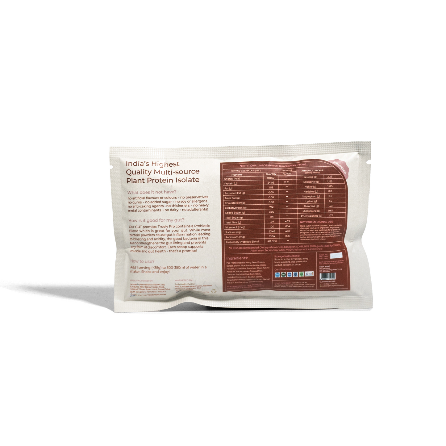 Truely Pro - Vegan Plant Protein | 24g Protein/Serving | 4 Bn CFU Probiotics | 3 Protein Sources - Pea, Brown Rice & Moong Bean | No Artificial Flavours | THIRD-PARTY TESTED | Strawberry | 500GM