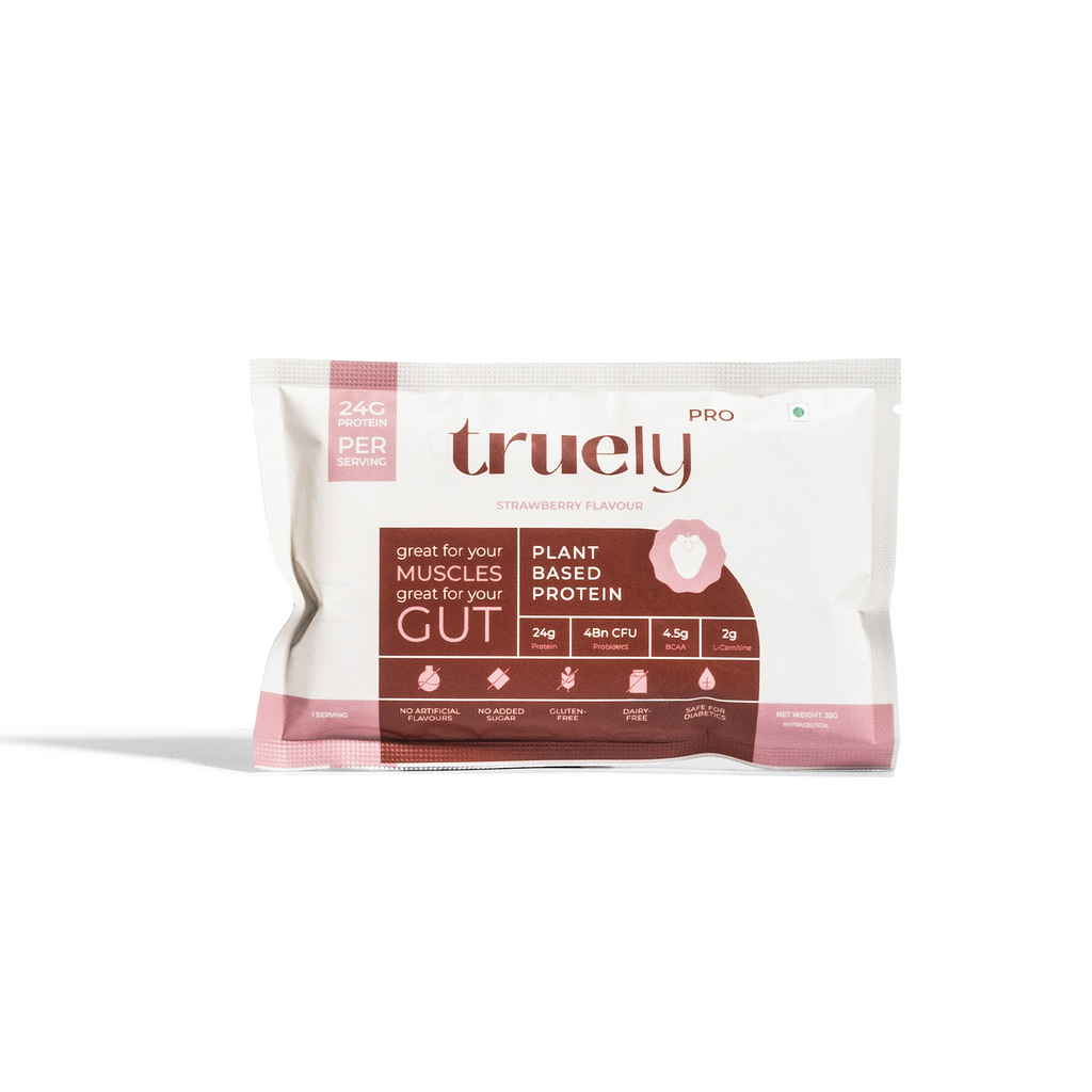 Truely Pro - Vegan Plant Protein | 24g Protein/Serving | 4 Bn CFU Probiotics | 3 Protein Sources - Pea, Brown Rice & Moong Bean | No Artificial Flavours | THIRD-PARTY TESTED | Strawberry | 500GM