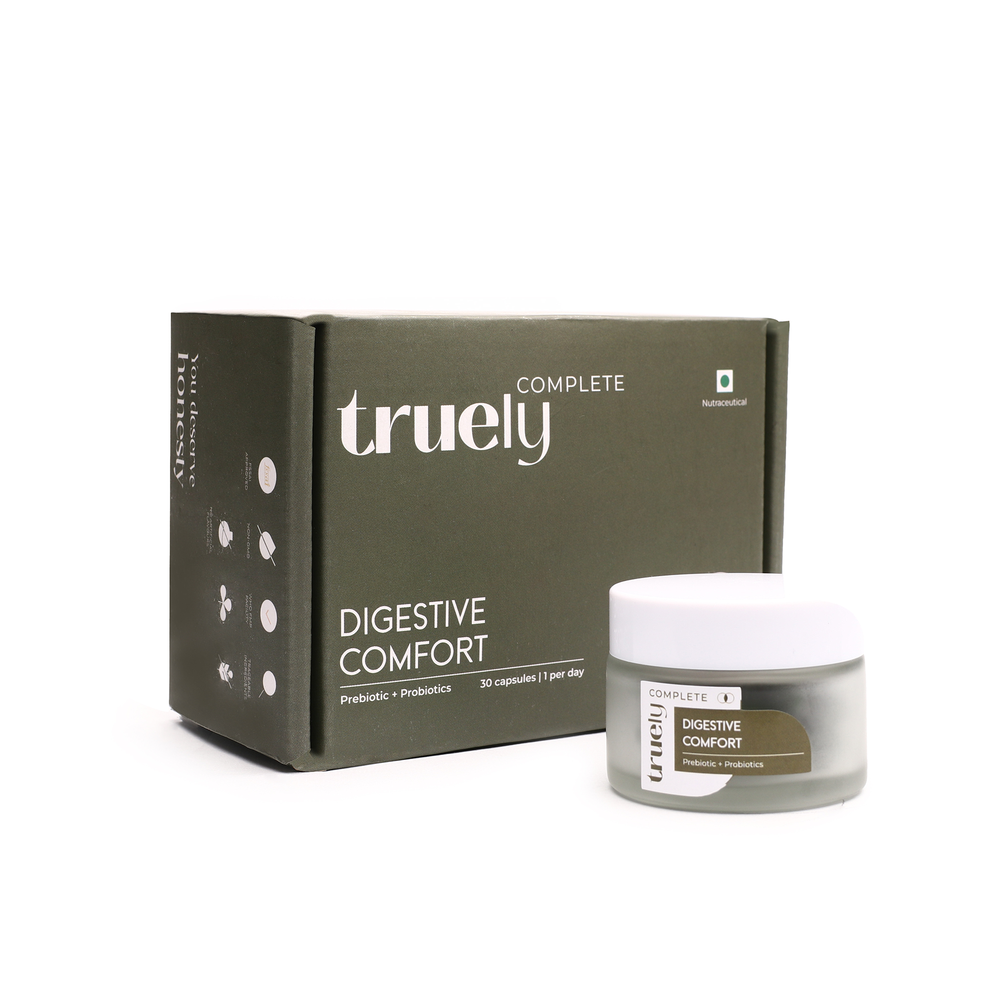Truely Health Clinically Tested Complete Pre + Probiotic for Men & Women with 7 Vital Strains & Prebiotics for Focus, Skin, Digestion & Immunity | No Artificial Flavors | Vegan (Pack Of 2(60 Capsules)