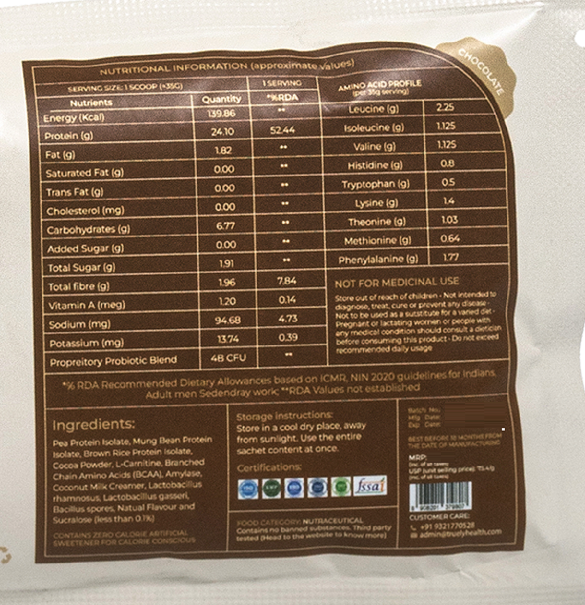 Truely Pro - Vegan Plant Protein | 24g Protein/Serving | 4 Bn CFU Probiotics | 3 Protein Sources - Pea, Brown Rice & Moong Bean | No Artificial Flavours | THIRD-PARTY TESTED | Dark Chocolate | 3 Servings