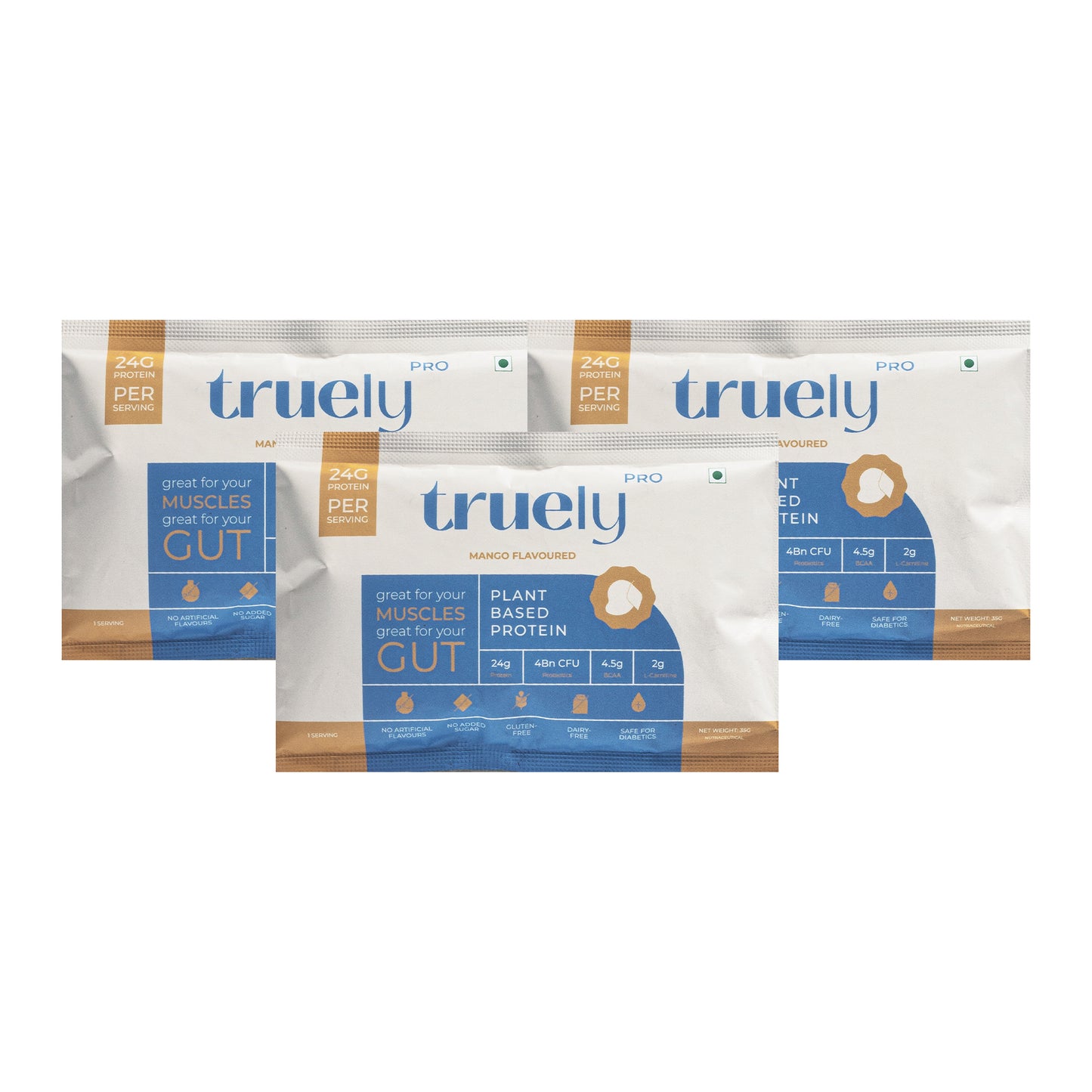Truely Pro - Vegan Plant Protein | 24g Protein/Serving | 4 Bn CFU Probiotics | 3 Protein Sources - Pea, Brown Rice & Moong Bean | No Artificial Flavours | THIRD-PARTY TESTED | Mango | 3 Serv.