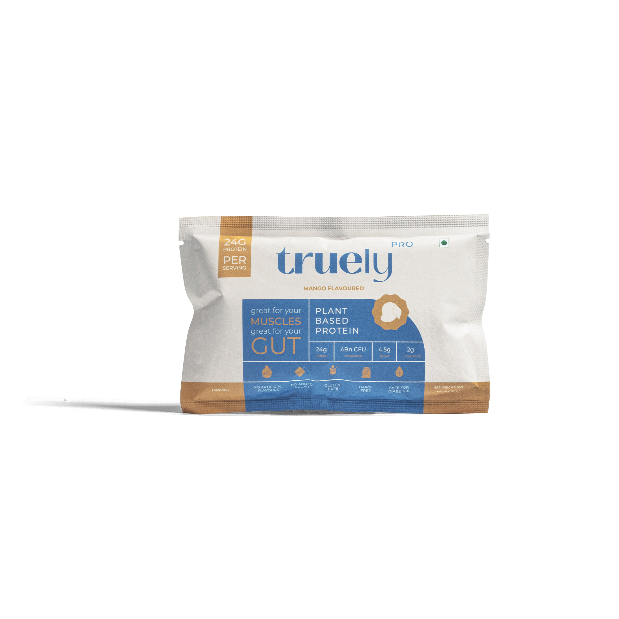 Truely Pro - Vegan Plant Protein | 24g Protein/Serving | 4 Bn CFU Probiotics | 3 Protein Sources - Pea, Brown Rice & Moong Bean | No Artificial Flavours | THIRD-PARTY TESTED | Mango | 3 Serv.