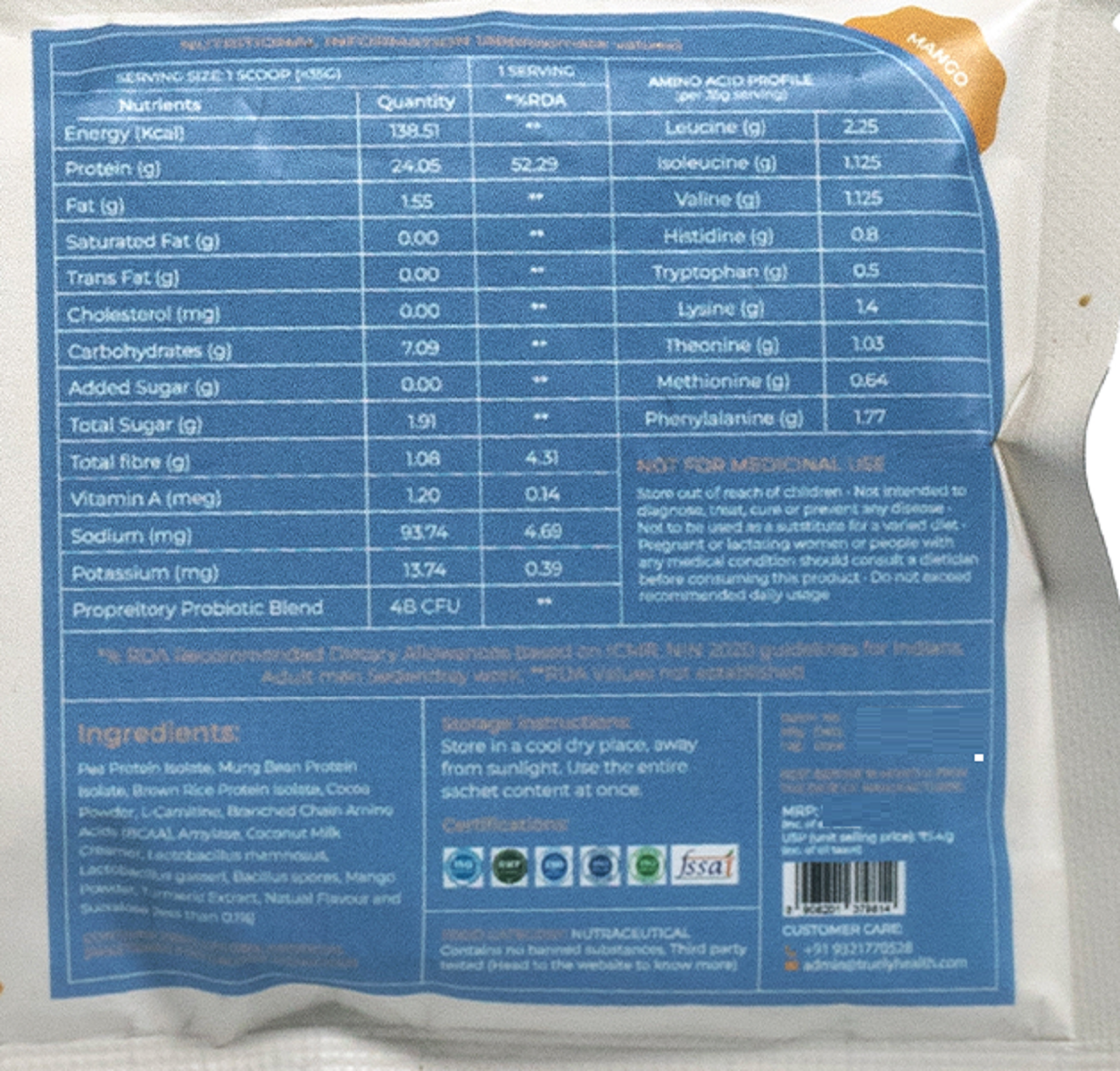 Truely Pro - Vegan Plant Protein | 24g Protein/Serving | 4 Bn CFU Probiotics | 3 Protein Sources - Pea, Brown Rice & Moong Bean | No Artificial Flavours | THIRD-PARTY TESTED | Mango | 3 Serv.