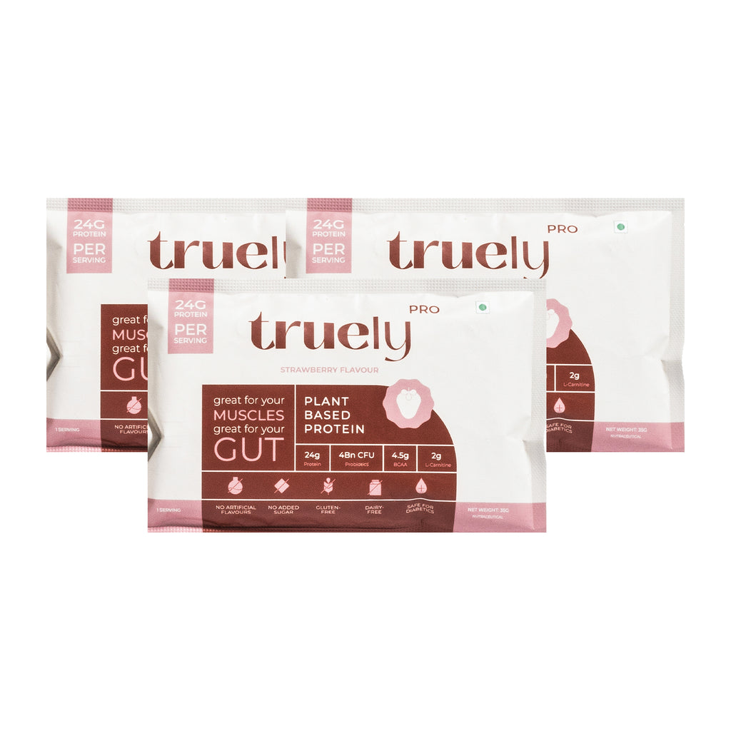 Truely Pro - Vegan Plant Protein | 24g Protein/Serving | 4 Bn CFU Probiotics | 3 Protein Sources - Pea, Brown Rice & Moong Bean | No Artificial Flavours | THIRD-PARTY TESTED | Strawberry | 3 Serv.
