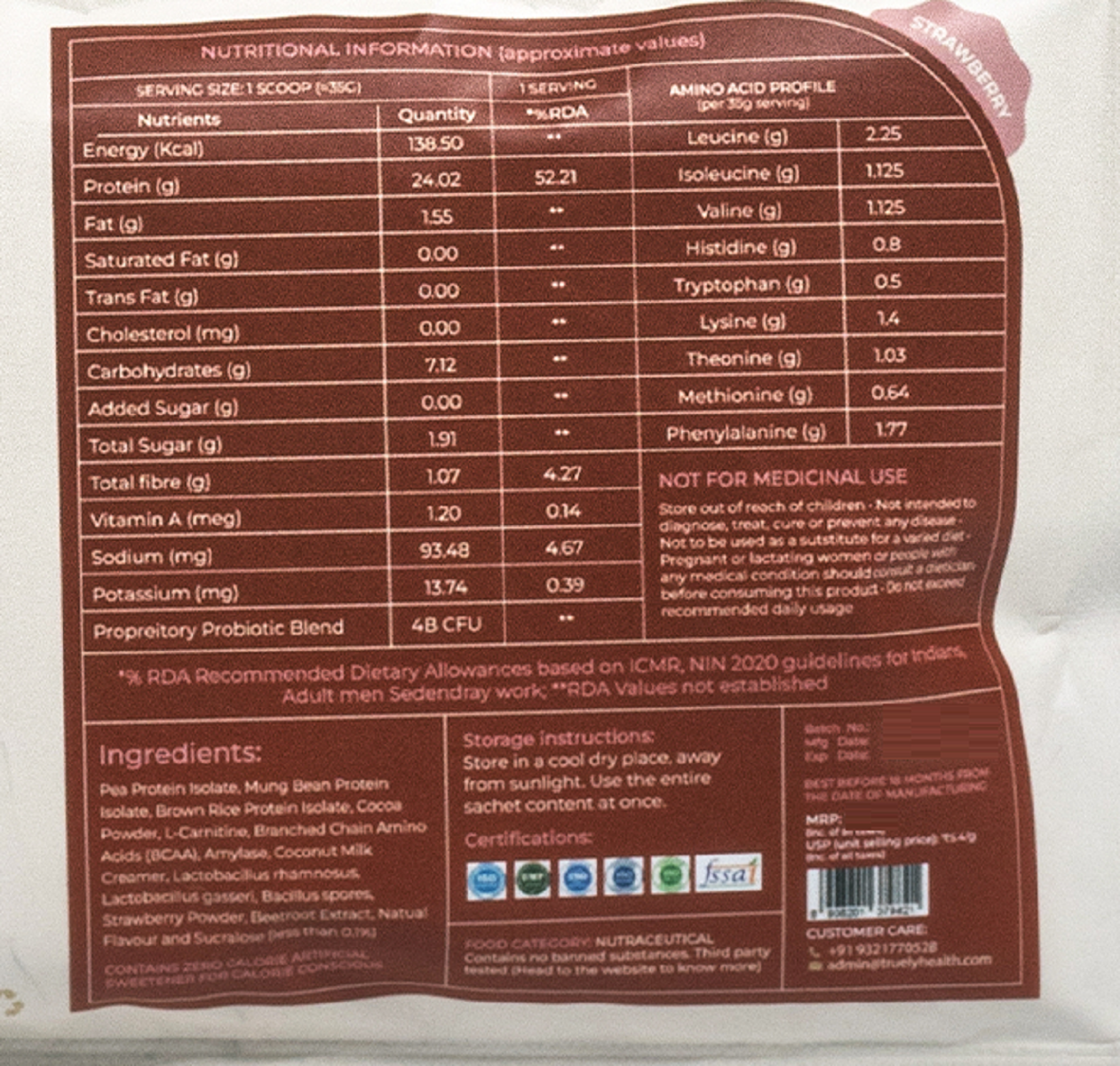 Truely Pro - Vegan Plant Protein | 24g Protein/Serving | 4 Bn CFU Probiotics | 3 Protein Sources - Pea, Brown Rice & Moong Bean | No Artificial Flavours | THIRD-PARTY TESTED | Strawberry | 3 Serv.