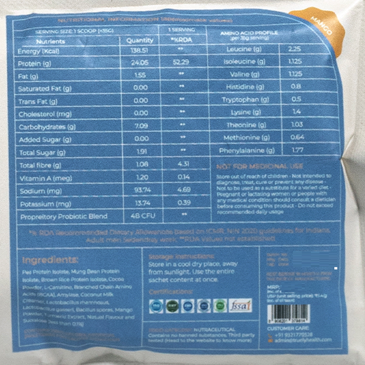 Truely Pro - Vegan Plant Protein | 24g Protein/Serving | 4 Bn CFU Probiotics | 3 Protein Sources - Pea, Brown Rice & Moong Bean | No Artificial Flavours | THIRD-PARTY TESTED | Mango | 1KG