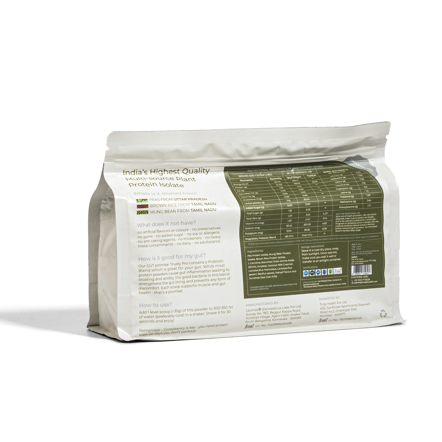 Truely Pro - Vegan Plant Protein | 24g Protein/Serving | 4 Bn CFU Probiotics | 3 Protein Sources - Pea, Brown Rice & Moong Bean | No Artificial Flavours | THIRD-PARTY TESTED | Unflavoured | 1KG